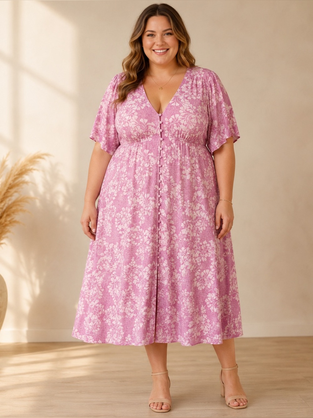 Addition Elle Pink Floral Midi Dress Plus Size 24 100% Viscose Boho Cottagecore